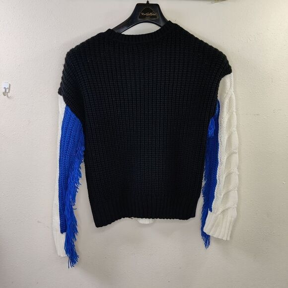 Nwt free Generation Sweater Sz S Fringe Sleeve Color Block Blue Black New - Picture 10 of 14